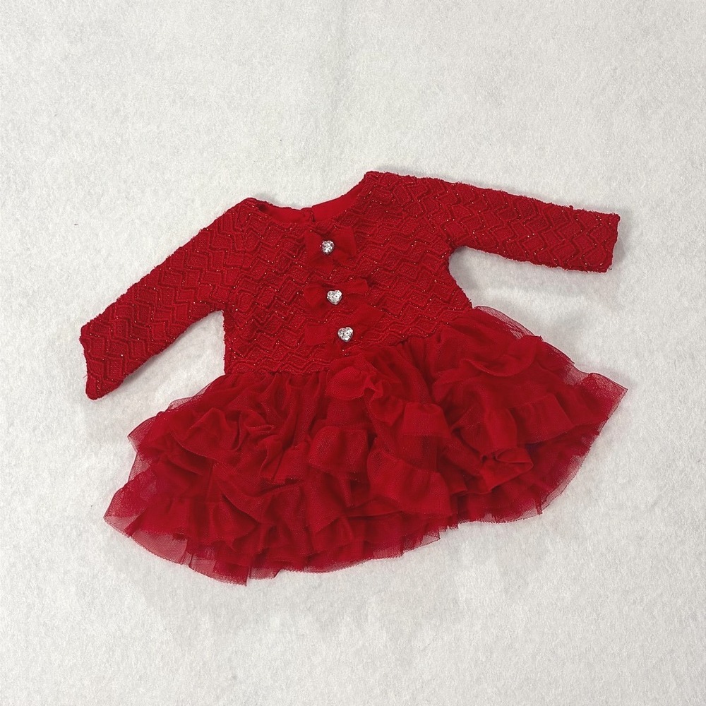 Nannette Baby Red Party Dress Fine Knit Bodice Crystal Buttons Fluffy Tutu   3/6